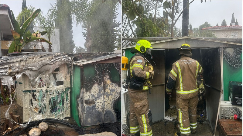 כבל חשמל שנפל על מחסן בגלל הרוחות צילום כבאות והצלה